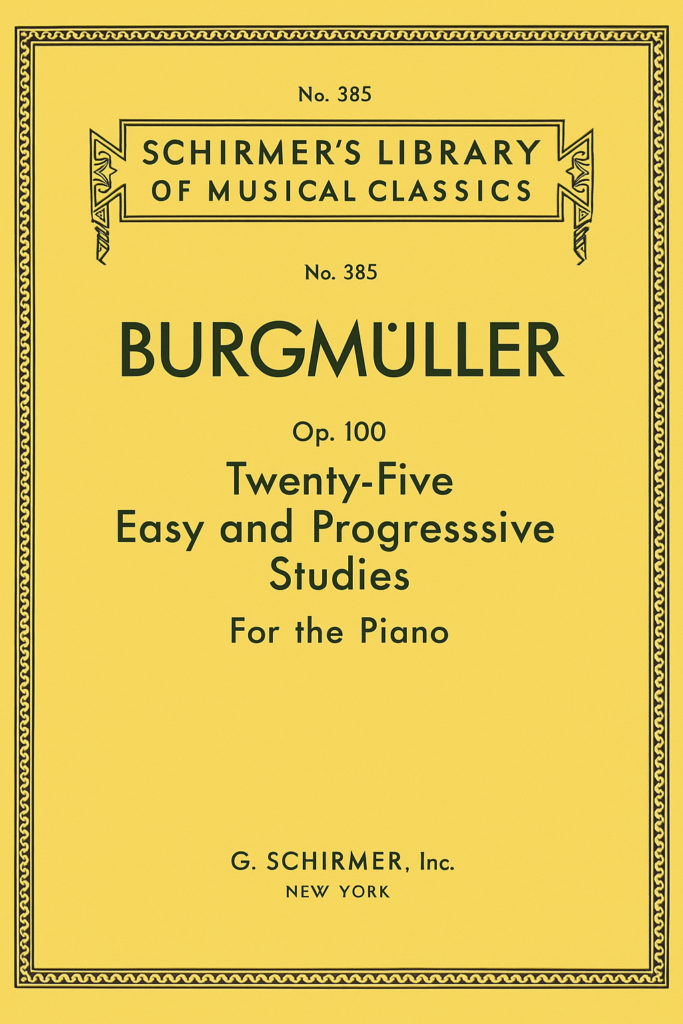 Cover of the sheet music book “Twenty-Five Easy and Progressive Studies for the Piano” by Burgmüller, published by G. Schirmer, Inc.