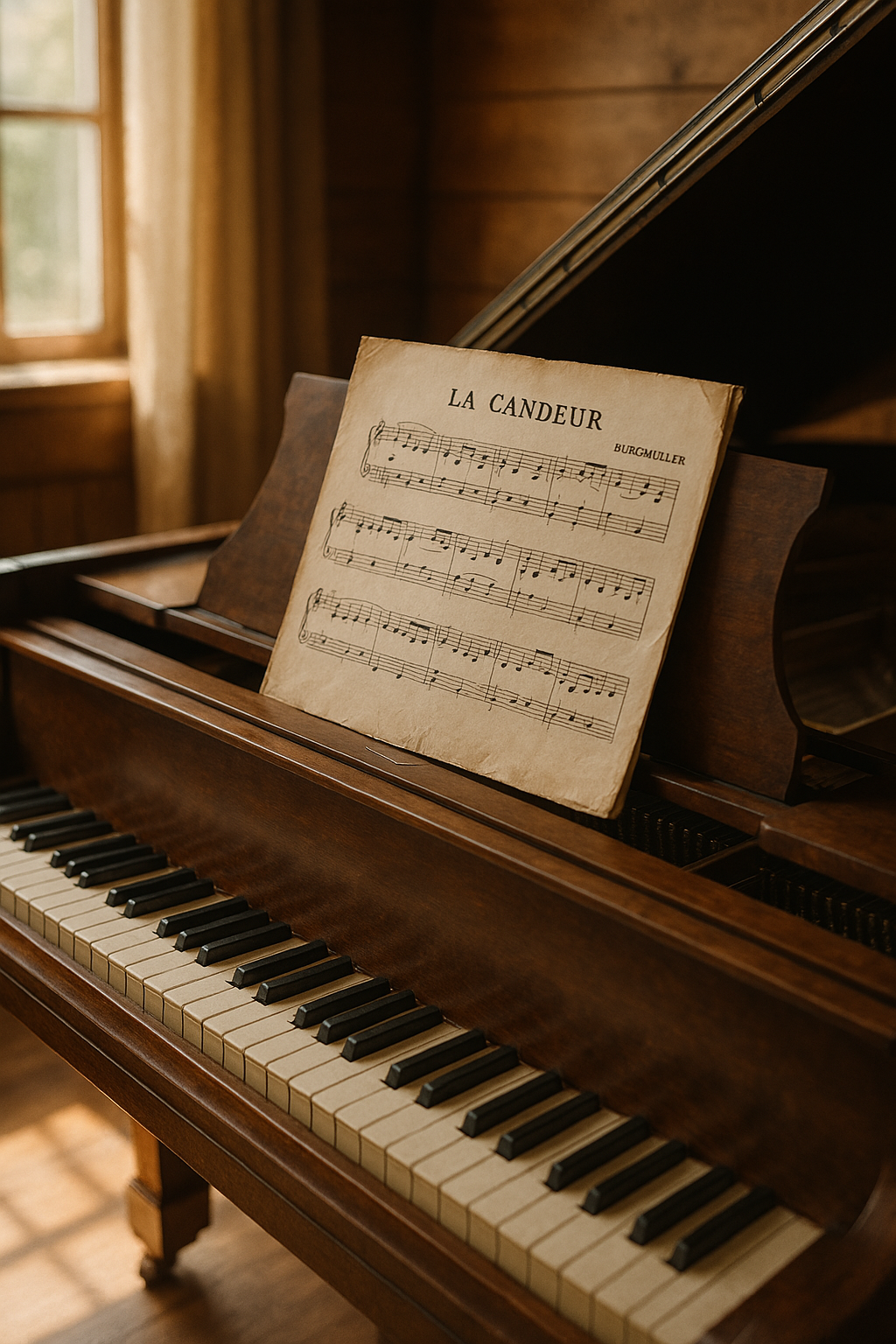 ブルグミュラー 素直な心 解説｜ピアノに置かれた楽譜のイメージ